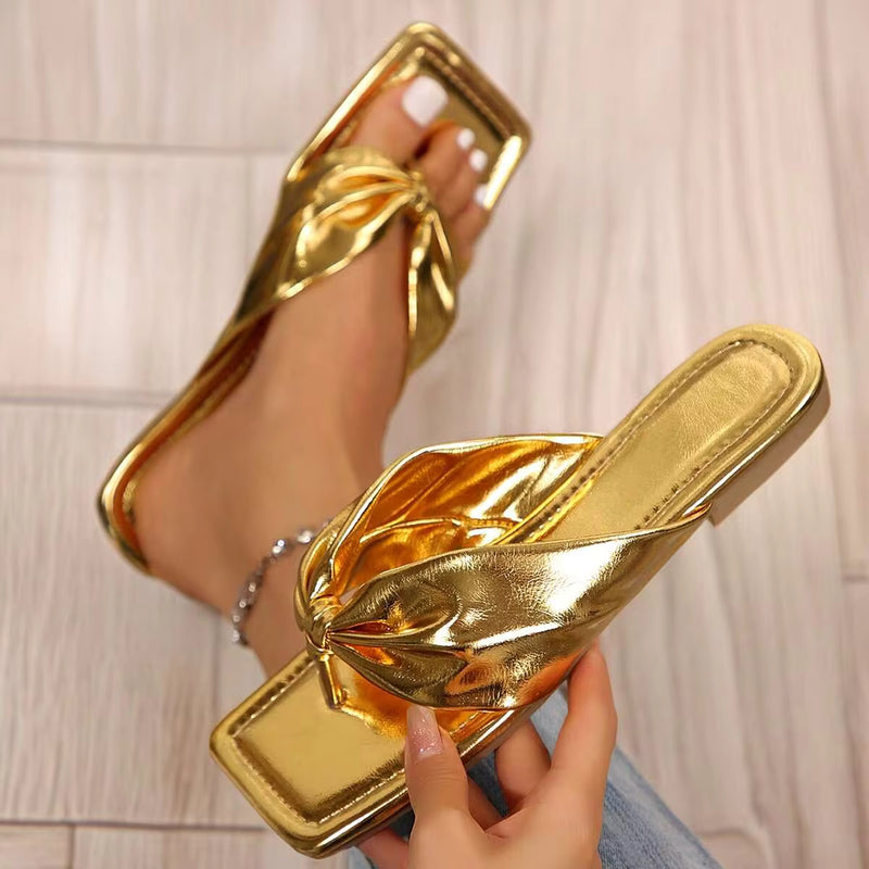 Chic Ruched Strap Sandals For Women - Perfect For Summers & Beaches - Square Toe, Slip-On Style With Clip Toe Thongs And Flat Flip Flop Design.