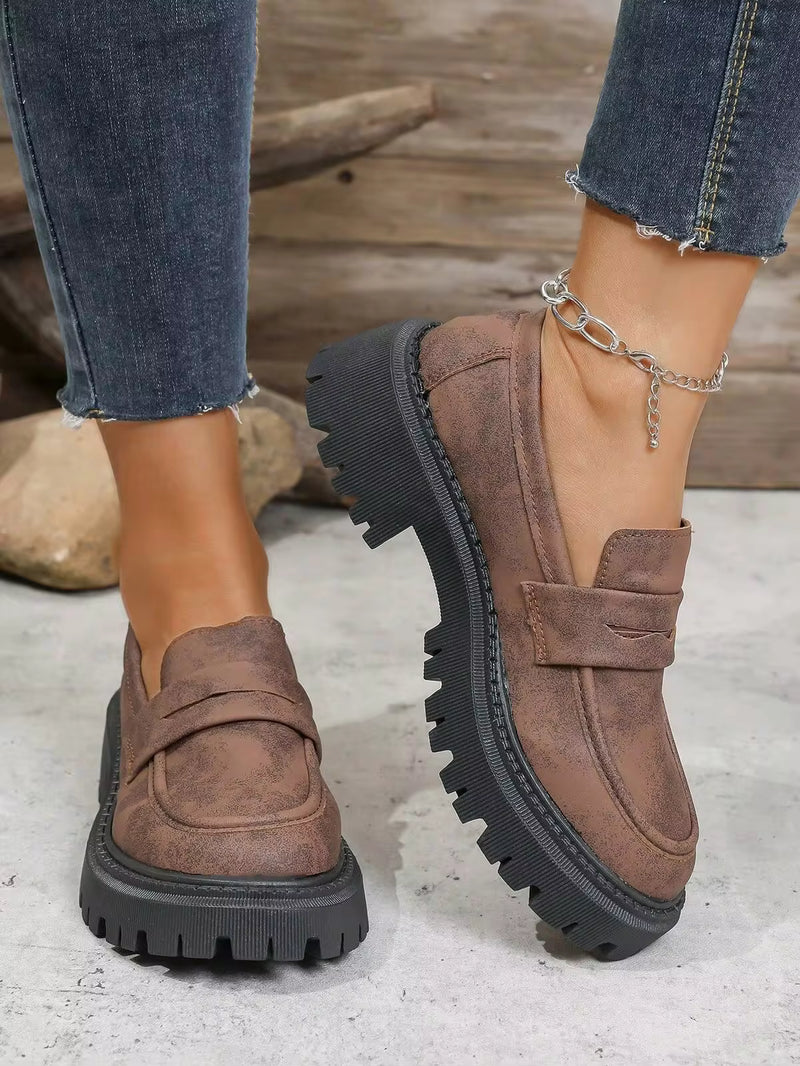 Women's Retro British Style Thick Sole Loafers, Slip-On Casual Oxfords, Outdoor Leisure Student Shoes,Wedge Heels