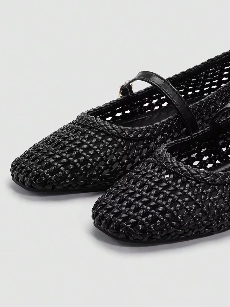 ADAMUMU Oversized Women's Fashion Handmade PU Material Woven High-End Mary Jane Ballet Shoes, Single Strap With Metal Buckle, Woven Breathable, Comfortable Flat Sole, Women's Daily Commute / Vacation Casual Wear Shoes
