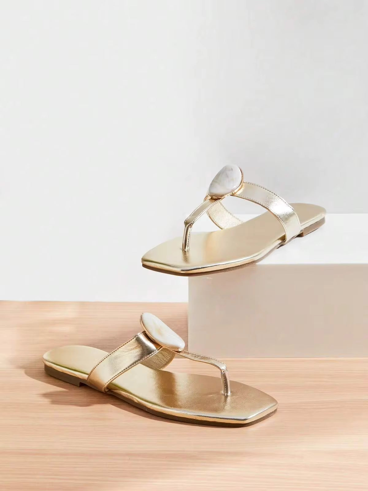 SHUZIA Ladie's Sleek Elegant Gold Metallic Faux Leather Gemstone Embellished Square Toe Flat Sandal Slides,Comfort Spring Summer Chic Holiday Beach Shoes
