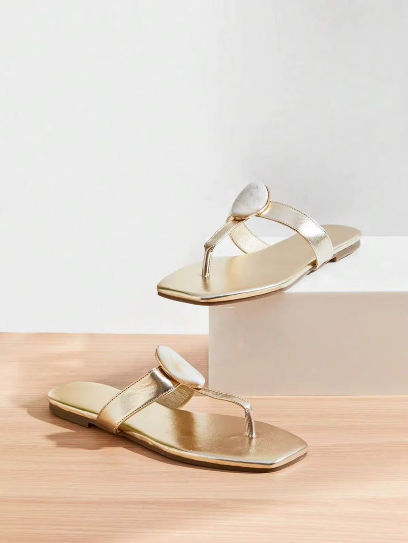 SHUZIA Ladie's Sleek Elegant Gold Metallic Faux Leather Gemstone Embellished Square Toe Flat Sandal Slides,Comfort Spring Summer Chic Holiday Beach Shoes