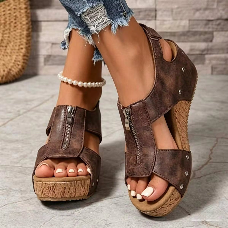 Women's New Retro Wedge Heel Sandals With Zipper, Platform Heightening Casual Shoes, Comfortable Vacation Style, Fashionable Boho Sandals