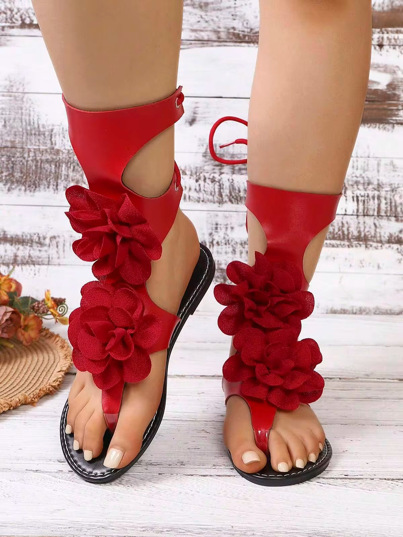 Women's High-Top Thong Sandals With Floral Decor, Elegant Fashion-Forward Bohemian Casual Sexy PU Flat Sandals For Beach, Wedding, Vacation, Summer